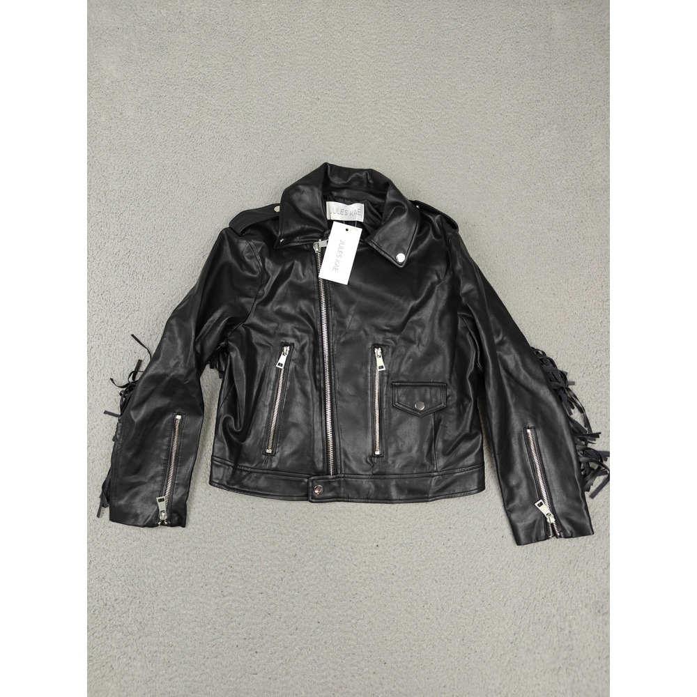 Jules Kae Jacket Womens Medium Black Faux Leather Fringe Moto Biker Zip New